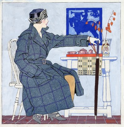 テーブルの横に座って傘を持つ若い女性 作： Edward Penfield