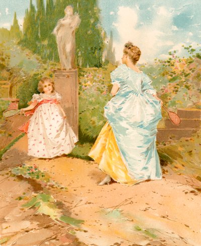 庭の羽子板と羽根 作： Edward Percy Moran
