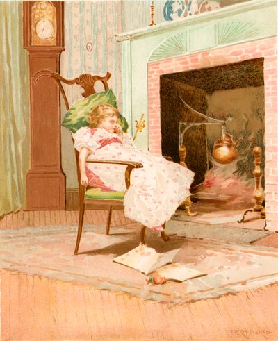 古い暖炉の前で夢見る 作： Edward Percy Moran