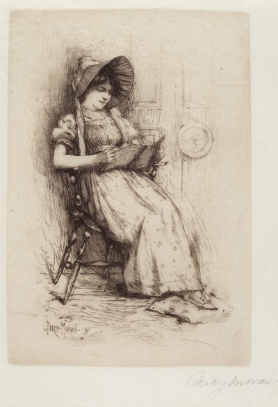 無題 (帽子をかぶった少女、椅子、読書) 作： Edward Percy Moran