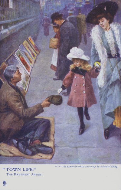 若い女の子と彼女の母親が舗装アーティストにお金を与える 作： Edward R. King
