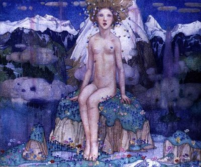 アルプスの愛、1920年頃（キャンバス上のテンペラ） 作： Edward Reginald Frampton