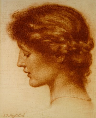 ロザリンドの肖像（紙に赤チョーク） 作： Edward Robert Hughes