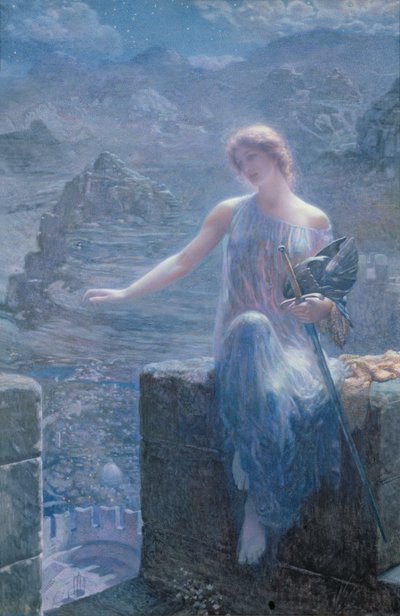 ヴァルキリーのビジル、1906年（紙にWCとゴールドペイント） 作： Edward Robert Hughes