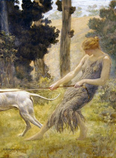 犬を散歩させる女性（ボードにテンペラ） 作： Edward Robert Hughes