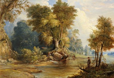 釣り人、リードン、グロスターシャー、1880年頃の川のシーン 作： Edward Smith