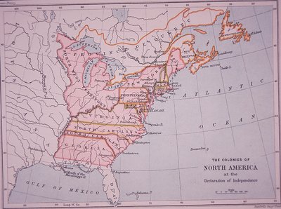 独立宣言時の北アメリカ植民地（カラーリトグラフ 作： Edward Stanford