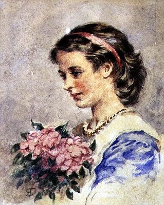 ピンクの花束を持つ少女（紙に鉛筆の上に水彩画） 作： Edward Tayler