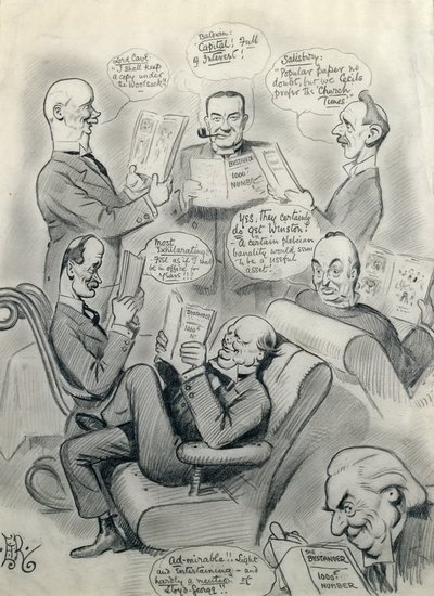 バイスタンダー1000番、ケイブ卿（1856-1928）スタンリーボールドウィン（1867-1947）ソールズベリー卿（1861-1947）ハーバートアスキス（1852-1928）、ウィンストンチャーチル（1874-1965） 作： Edward Tennyson Reed
