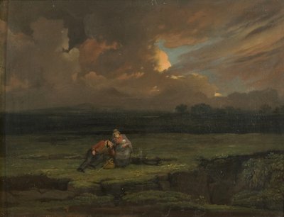嵐の風景の中の兵士と彼の妻と子供 作： Edward Villiers Rippingille