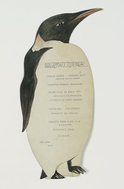 1912年6月22日、ケープエバンスの真冬の日の夕食のための皇帝ペンギンの形のメニュー（カードにペンとガッシュ） 作： Edward W. Nelson