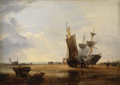 砂の上の小川：ヘイスティングスの砂浜の船、1836 作： Edward William Cooke
