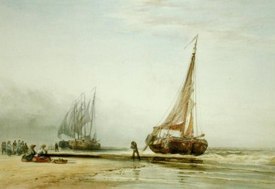 ビーチに浮かぶオランダ製漁船と漁師の群れ 作： Edward William Cooke