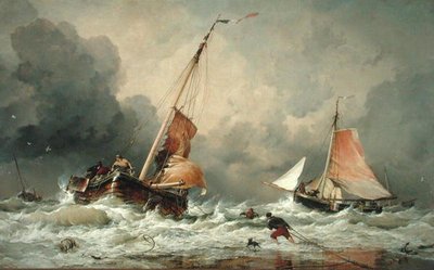 潮が戻ってきて出航準備をするオランダのピンクスたち 作： Edward William Cooke