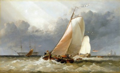 オランダのズイダーゼー川を航行するオランダのヨット。キャンバスに油彩 作： Edward William Cooke
