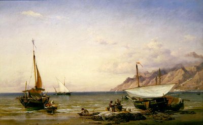 網の手入れをする漁師たち 作： Edward William Cooke