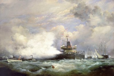 1873年6月23日、ペルシャ国王を讃える海軍観閲式に際して、スピットヘッドに停泊中のHM砲塔艦「デヴァステーション 作： Edward William Cooke