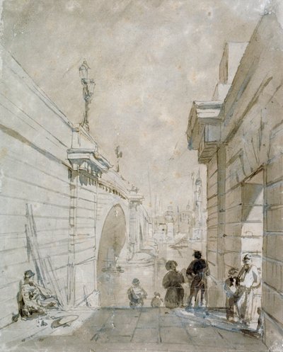 1833 年、トゥーリー ストリート近くの階段の上部の踊り場から北を見たロンドン橋 作： Edward William Cooke