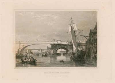 新旧のロンドン橋の一部。描かれた1832 作： Edward William Cooke