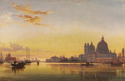 ヴェネツィアのラグーンに沈む夕日、遠くにあるアルガのサンジョルジョイゾラ教会 作： Edward William Cooke