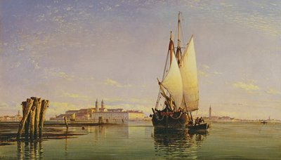 エウガニアンヒルズとヴェネツィアのラグナ-潮流を待つトラバッコーラ、日没、1853 作： Edward William Cooke