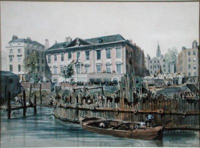 ロンドン橋の杭打ち機とホイストを囲んだ木材コファダムの様子 作： Edward William Cooke