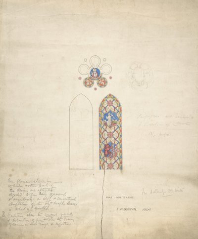 カリフォルニア州ディッテリッジ教会のステンドグラスの窓のデザイン。 1859年。 作： Edward William Godwin