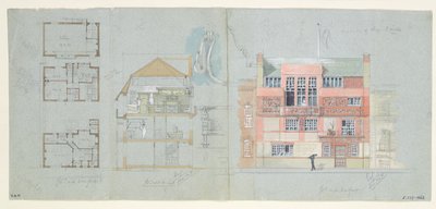 フランクマイル（1852-91）、タイトストリート、チェルシー、1878-79の家とスタジオの正面の標高とセクション（紙と鉛筆）（176481-482、176484-485も参照） 作： Edward William Godwin