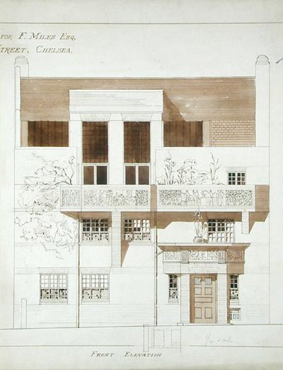 フランクマイル（1852-91年）、タイトストリート、チェルシー（1878-79年）のスタジオと家の正面標高（ペン、インク、紙に洗う）（176481-483、176485も参照） 作： Edward William Godwin