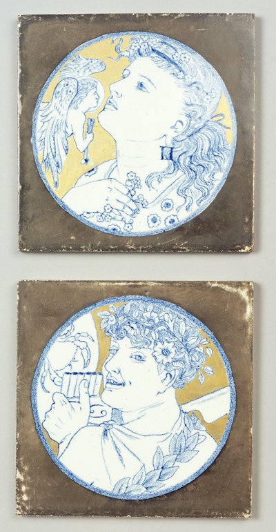 ジェミニとキャンサー、1878年頃（釉薬転写デザインの釉薬と金メッキの装飾） 作： Edward William Godwin