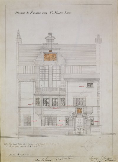 F. Miles Esq、Tite Street、Chelsea、1878-79のハウスとスタジオの作業用図面（紙と鉛筆）（176481、176483-485も参照） 作： Edward William Godwin