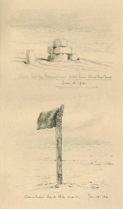 1912年1月、1913年、ノルウェー人とアムンセンスの南極点が去ったケアン。 作： Charles Edward Wilson