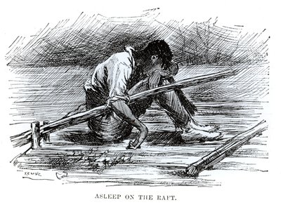 マーク・トウェイン（1835-1910）の「ハックルベリー・フィンの冒険」からの挿絵「いかだの上で眠っている」1884年（彫刻）（白黒写真 作： Edward Windsor Kemble