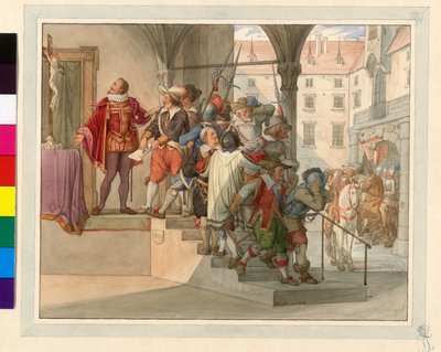 皇帝フェルディナント2世の前に立つオーストリア・プロテスタントの代表団。1619年（シュトルムの請願書） 作： Edward von Steinle
