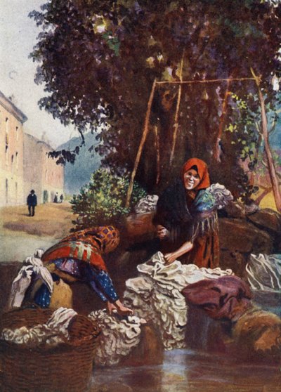 コルシカ島：リネンを洗う女性（カラーリトグラフ 作： Edwin Arthur Norbury