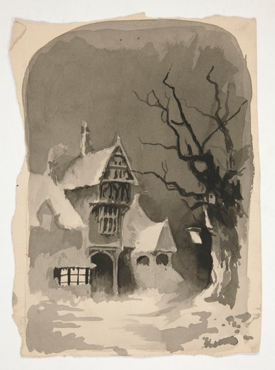 冬の風景: 雪の中の家 (直訳); さまざまな図の研究 (裏面) 作： Edwin Austin Abbey