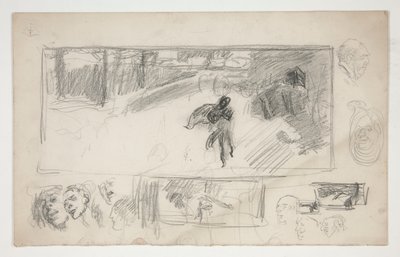 各種スケッチ (レクト); マントを着た男のスケッチ (裏面) 作： Edwin Austin Abbey