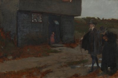 コテージのドアで (17 世紀のニュー イングランドのシーン) 作： Edwin Austin Abbey
