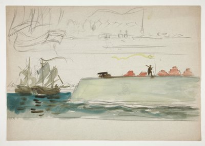 海上のボート：前景に戦艦、遠景に帆船 - (未確認イラスト) 作： Edwin Austin Abbey