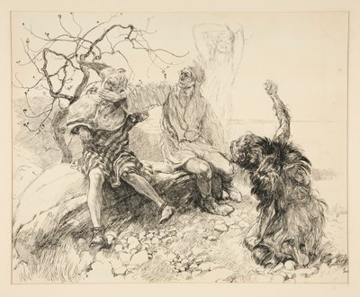 キャリバン、ステファノ、トリンキュロ (アリエルが見えない)、第 2 幕、第 2 場、テンペストのイラスト 作： Edwin Austin Abbey