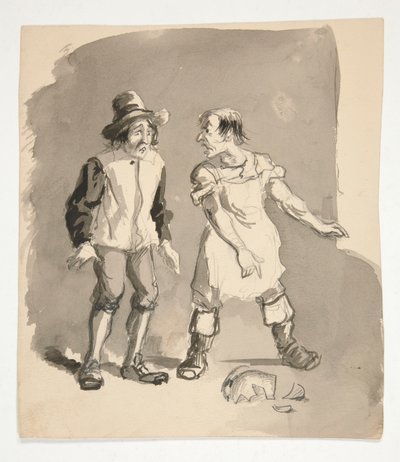 2 人の男性と壊れた鍋の漫画 作： Edwin Austin Abbey