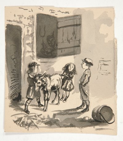 ロバを持つ子供たち (直腸); オルガングラインダーの正体不明のイラスト (裏面) 作： Edwin Austin Abbey