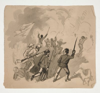 南北戦争の戦闘シーン (レクト); 森の中の男の正体不明のイラスト (裏面) 作： Edwin Austin Abbey
