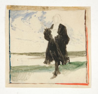 風景 - 正体不明の図でマントをまとった男 作： Edwin Austin Abbey