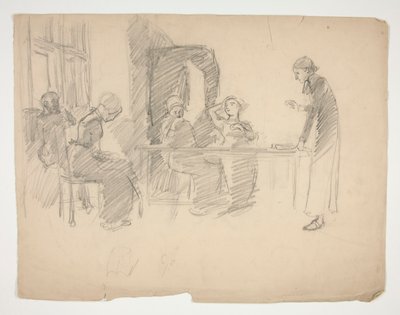 ストーニー グラウンド 1884 の初期の習作、人物が描かれた内部 作： Edwin Austin Abbey