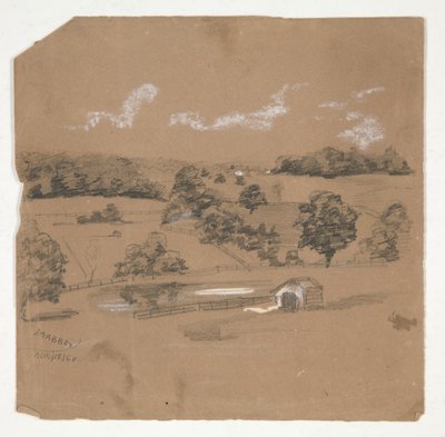 牧草地を見下ろす農場風景 作： Edwin Austin Abbey