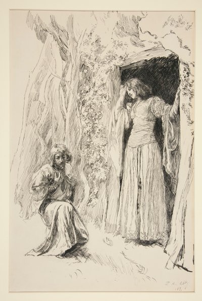フェルディナンドとミランダの出会い、第 3 幕、第 1 場、テンペストの挿絵 作： Edwin Austin Abbey