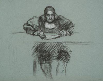 キャサリン女王の裁判のフィギュア。 デスクの店員 作： Edwin Austin Abbey