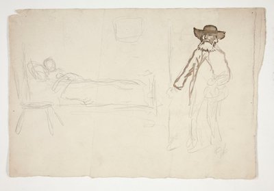 ベッドの図、部屋に入る男 - 正体不明のイラスト 作： Edwin Austin Abbey