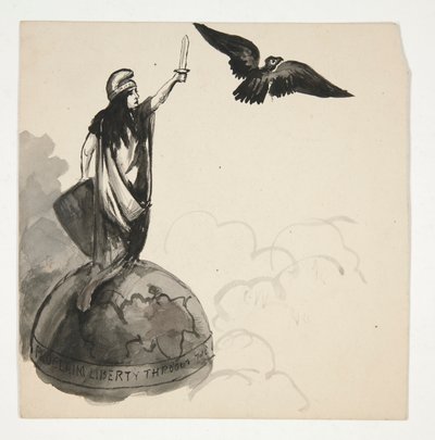 イーグルと一緒に地球上に立つ自由の図 (右); 横向きのコネストーガワゴン（裏面） 作： Edwin Austin Abbey